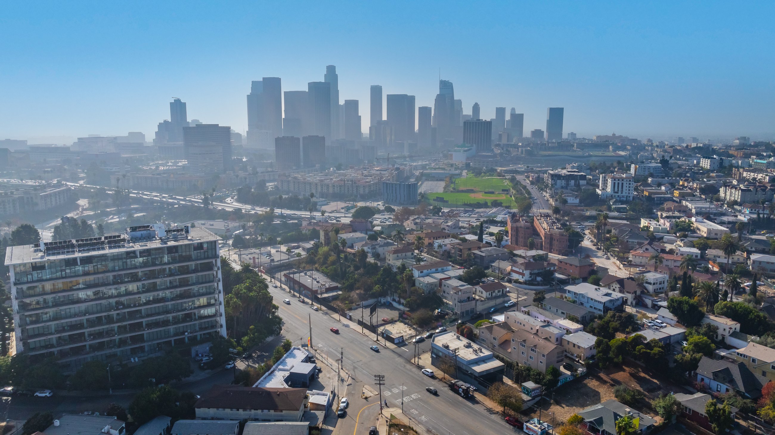 Aerial view from the site toward the Downtown Los Angeles skyline