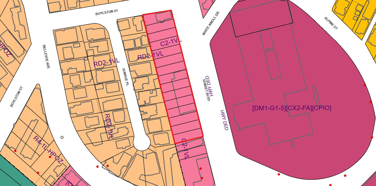 ZIMAS parcel map with the 15 assembled parcels outlined in red